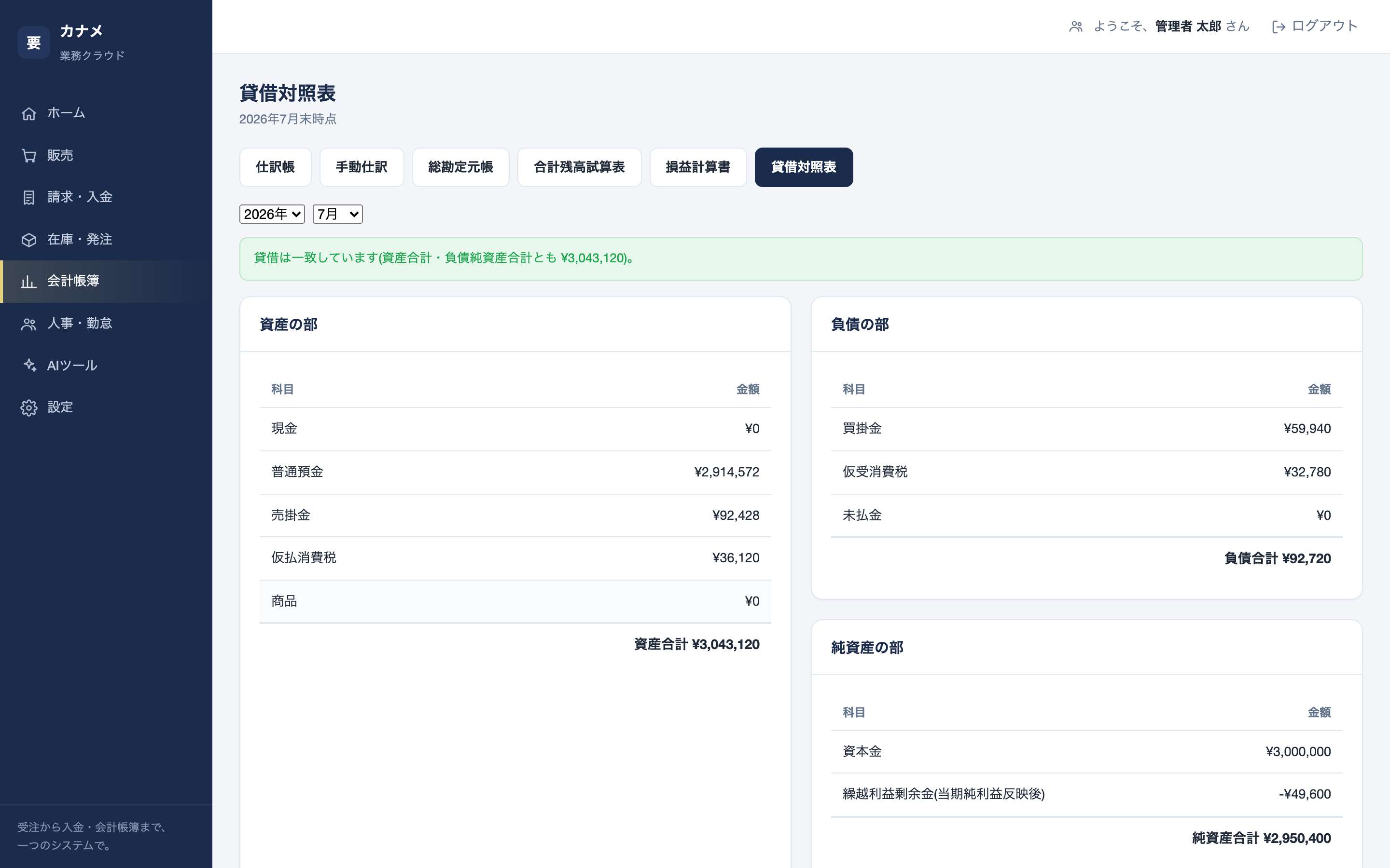 貸借対照表の画面。資産の部・負債の部・純資産の部がそれぞれ表として表示され、貸借の一致が確認できる。