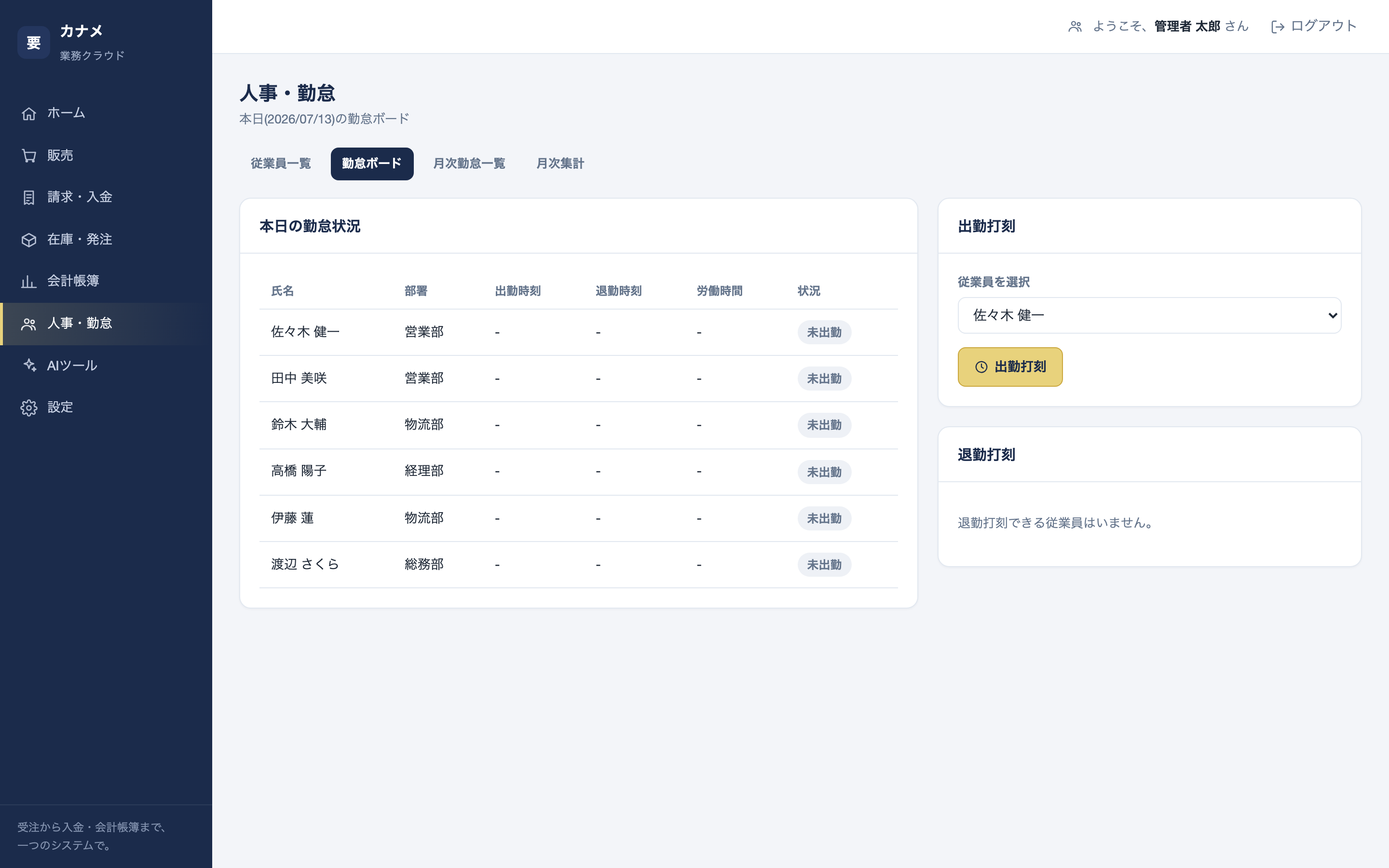 勤怠ボード画面。本日の出勤・退勤状況の一覧と、出勤打刻・退勤打刻のフォームが表示されている。