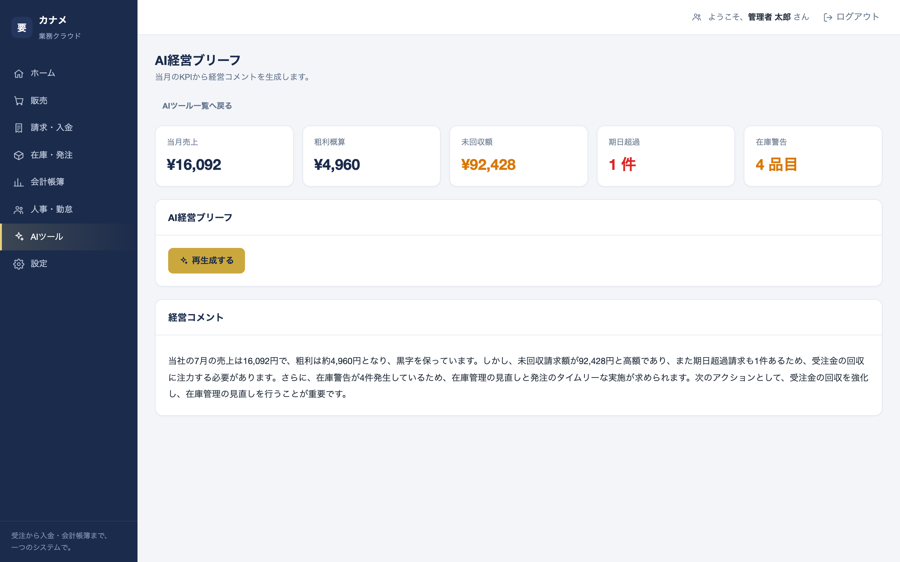 AI経営ブリーフの結果画面。当月KPIと、AIが生成した経営コメントが表示されている。